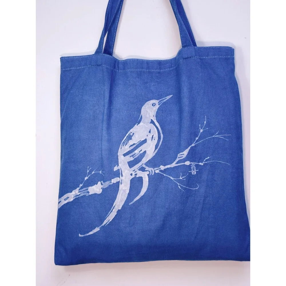 Nüshu Happiness Batik Tote | Indigo Magpie Plum Blossom Chinese Art Bag